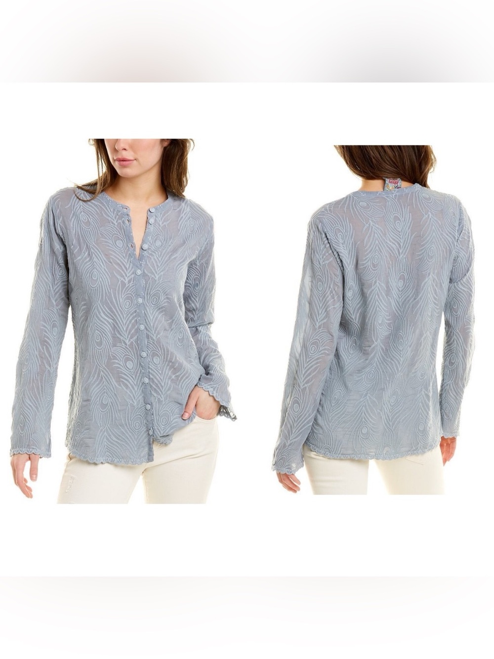 Johnny Was Women's Blue Peacock Lenny Button Down Shirt Top Embroidered XL NEW